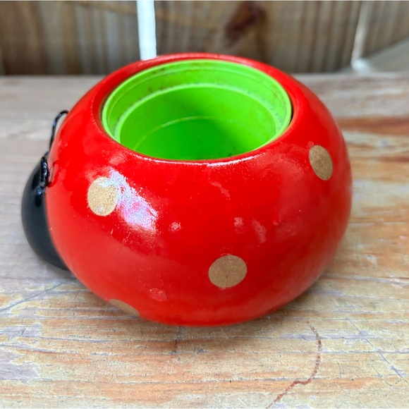 Rocket Farms Red Lovebug Ladybug Mini Planter Gold Polka Dots - Picture 2 of 10